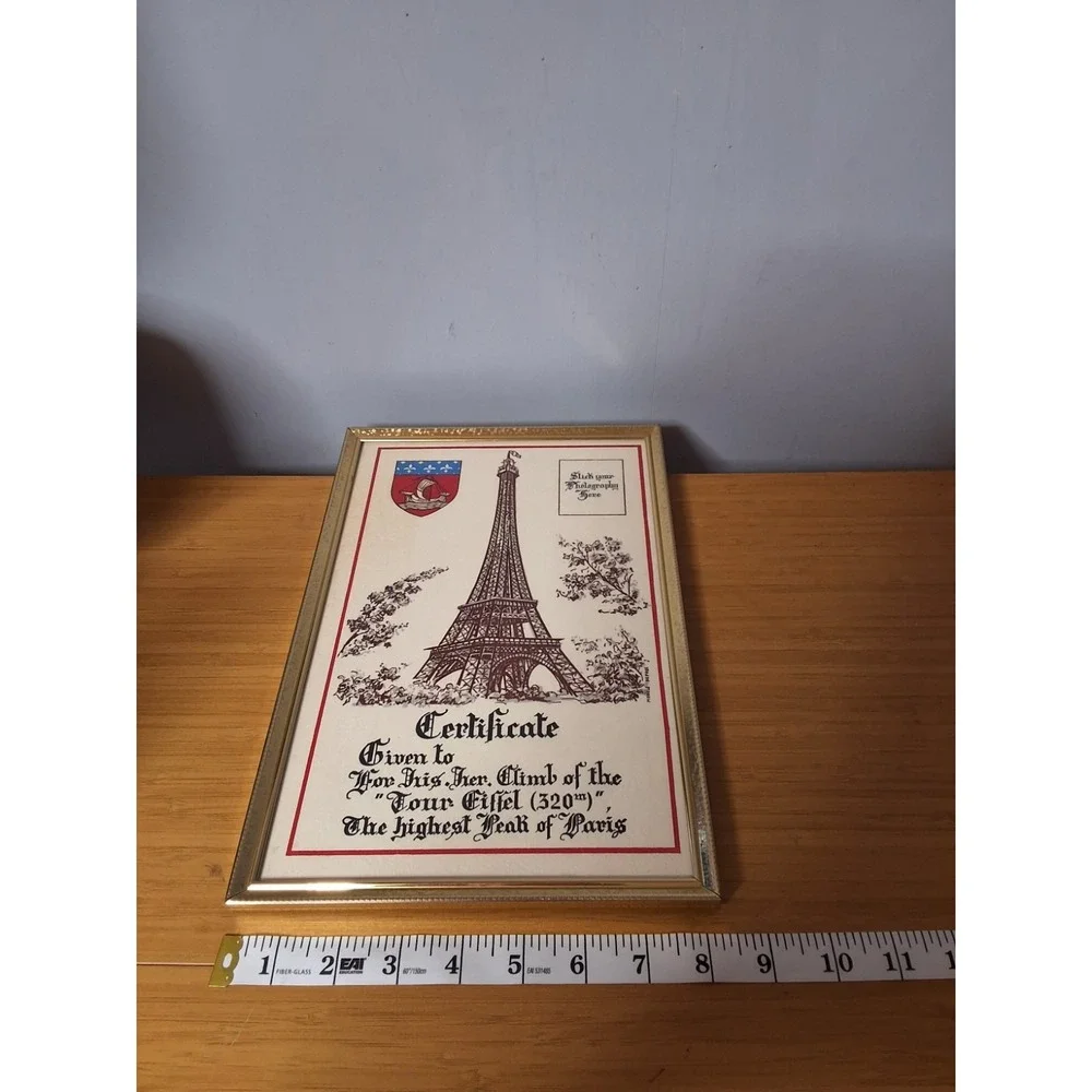 Vintage 8x10 Framed Paris Eiffel Tower Souvenir Certificate.